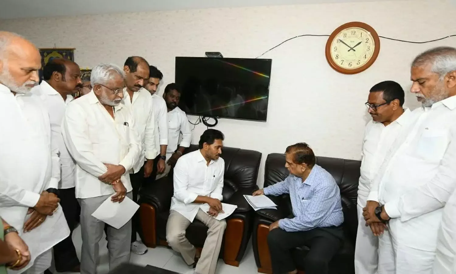 YSRCP chief YS Jagan Mohan Reddy, along with party leaders, submitting a memorandum to State Election Commissioner Anil Chandra Punetha in Vijayawada on Sunday
